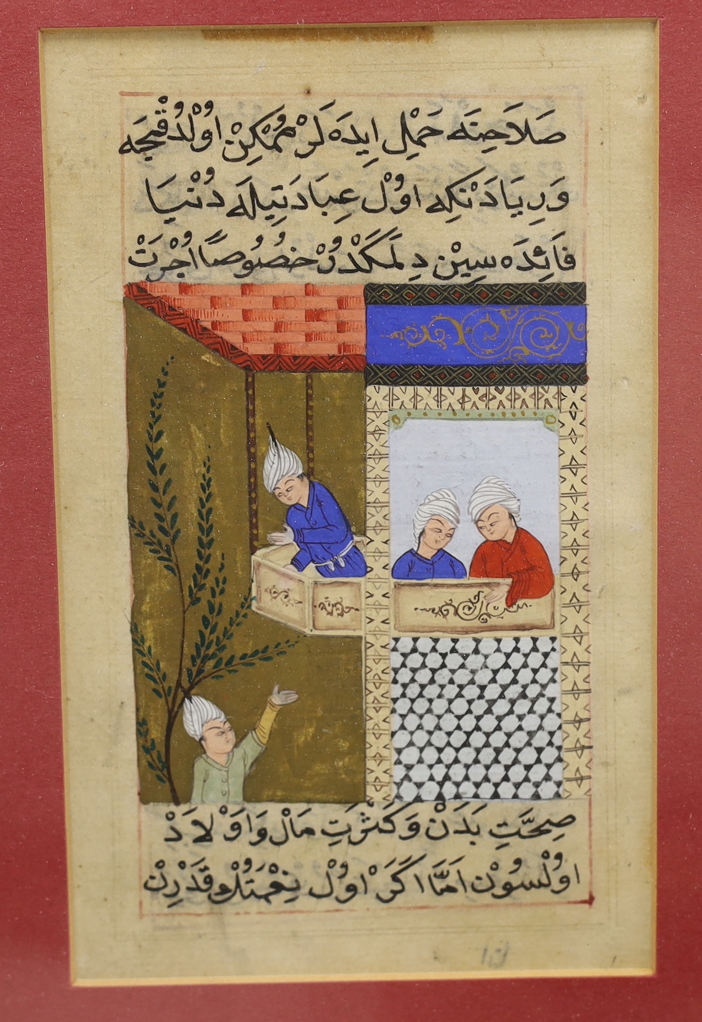 Five Indian Mughal style gouache paintings of court scenes and figures on horseback, largest 22 x 14.5cm